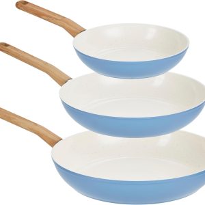 Healthy Ceramic Titanium-Infused 3-Piece Fry Pan Set, Light Blue – Induction Cookware, Nonstick Cooking Pan, Frying Pan Skillet for Eggs, Meats, Vegetables, Sauces, Warming Tortillas