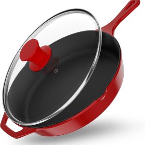 12 inch Saute Fry Pan Pre-Seasoned Cast Iron Skillet With Lid, Frying Pan, Cast Iron Pan, Safe Grill Cookware for Indoor & Outdoor Use - Cooking Gift for Men & Women (Red)