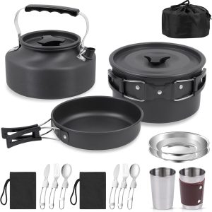 Camping Cookware Set, Outdoor Tableware Set, Foldable Cooking Pot Set, Saucepan Pan, Teapot for Outdoor, Picnic, Camping, Hiking (14 Pieces) (14 Pieces)