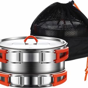 Camping Cooking Set, Camping Cookware Set, 304 Stainless Steel Camping Pots and Pans Set, Includes Pot Nonstick Frying Pan Kettle in Mesh Bag for Hiking Outdoor Cooking Backpack for 1-2 Men