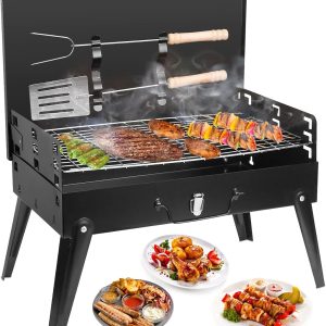 Portable Charcoal Grill, Small BBQ Grill Outdoor Folding Barbecue Grill, Foldable Camping Grill with Barbecue Accessories & Lid for Outdoor Cooking Camp Picnic Hiking Beach Patio Smokers