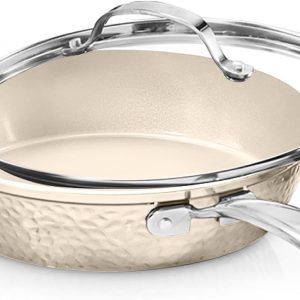 Hammered 10 Inch Non Stick Frying Pans with Lid, Frying Pans Nonstick with Lid, Healthy and Non Toxic Ceramic Pan for Cooking, Nonstick Frying Pan, Induction Pan, Dishwasher Safe – Cream