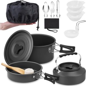 Camping Cookware Set 12 Pieces Outdoor Tableware Set Portable Aluminium Folding Camping Pot Kettle Cutlery Pot for 2-3 People Outdoor Kitchen Hiking Camping
