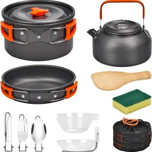 Camping Cookware Set, 13-Piece Foldable Outdoor Crockery Set with Camping Pot, Camping Frying Pan and Teapots for Hiking Outdoor Cooking Picnic 1-4 People