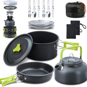 16pcs Camping Cookware Mess Kit, Non-Stick Lightweight Pot Pan Kettle Set with Stainless Steel Plates Forks Knives Spoons, Portable Camping Cooking Set for Outdoor Backpacking Hiking Picnic