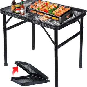 Folding Grill Table Metal Portable Camping Table with Mesh Desktop Lightweight & Foldable Height Adjustable Black Picnic Table for RV, BBQ Outside Inside