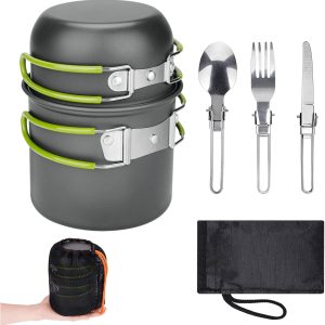 Camping Cookware Set, Aluminium Camping Pot, Outdoor Cookware with Foldable Cutlery, Camping Tableware for 2 People, Camping Tableware for Hiking, Fishing, Picnic,  Certified