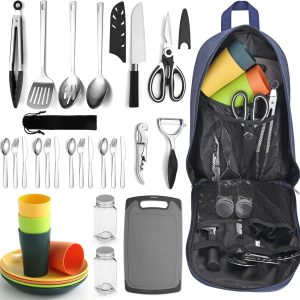 Portable Camping Cookware Set 23 Pieces Cookware Kit, Portable Outdoor Cooking and BBQ Ware for Travel, Picnics, Camping, BBQ, Party, and Other Outdoor Activities.