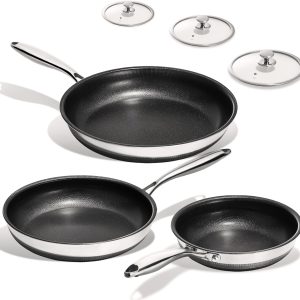 Non Stick Frying Pans Set - 3 Piece (8, 10, 12") Titanium Ceramic Pan with Lids, Nonstick Skillet Stainless Steel, PFAS PFOA & PTFE Free, Dishwasher & Oven Safe, All Cooktops Compatible